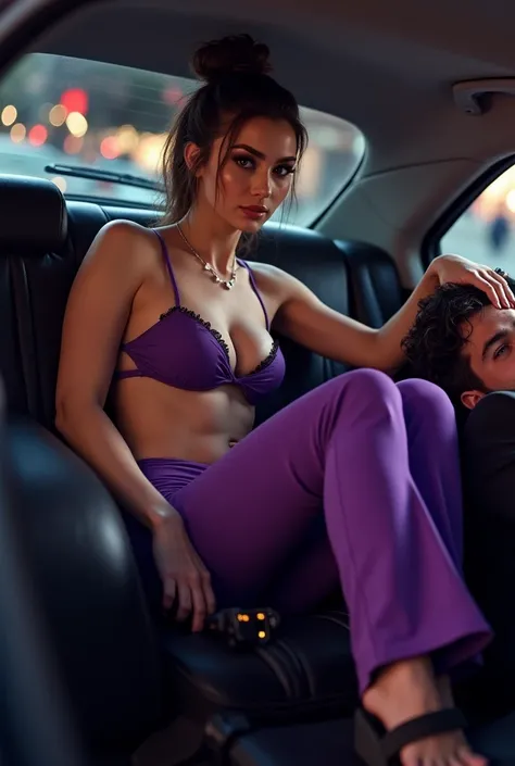 Beautiful Mistress,brown bun hairs, wearing purple boot-cut pants, wearing purple underwear, wearing black home sandals,man wearing suit, mistress sits in car, man lying down under mistress chair, mistress foot on mans face,  foot on face,  inside car , fe...