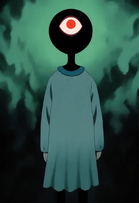 painting of a person standing in front of a red eye, yume nikki, animated film still, still from animated horror movie, inspired by Junji Ito, animation film still, one eye red, red-eyes, visible pupils, inspired by Gertrude Abercrombie, junji ito artwork,...