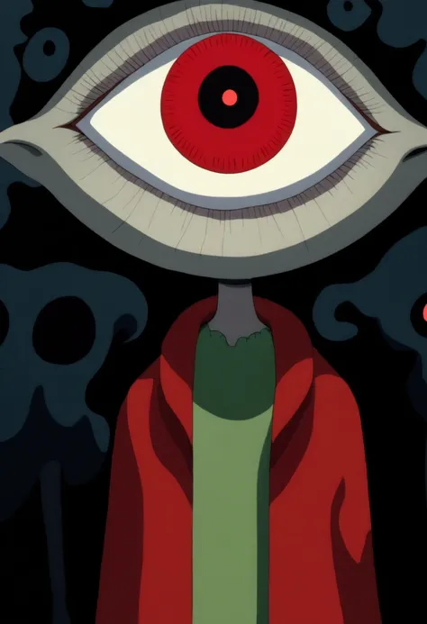 painting of a person standing in front of a red eye, yume nikki, animated film still, still from animated horror movie, inspired by Junji Ito, animation film still, one eye red, red-eyes, visible pupils, inspired by Gertrude Abercrombie, junji ito artwork,...