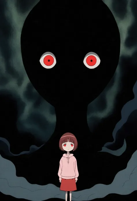 painting of a person standing in front of a red eye, yume nikki, animated film still, still from animated horror movie, inspired...