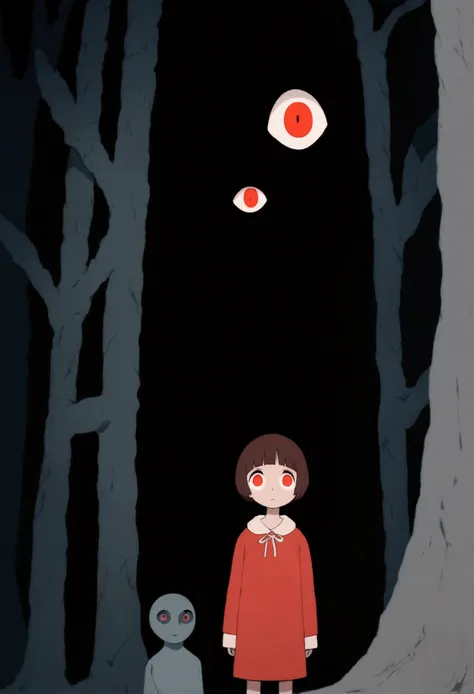 painting of a person standing in front of a red eye, yume nikki, animated film still, still from animated horror movie, inspired...