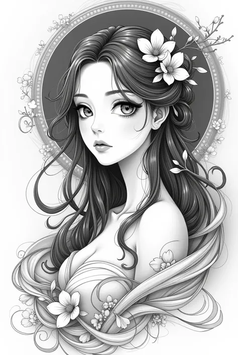 Monochrome manga style, elegantly depicted Goddess of Love, ethereal beauty emanating grace, intricately detailed  features showcasing deep emotions, flowing hair adorned with delicate floral motifs, symbolizing love and compassion, emphasis on expressive ...