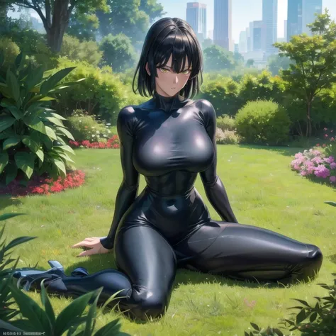 Masterpiece, best quality, ultra detailed, Fubuki from One Punch Man, is sitting, big breasts, full body, black dress, cinematic lighting, pouting, 4k, body proportion, blushing, thick body, plants in the background, looking towards viewer, anime