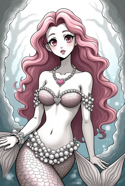 Monochrome manga art style, enchanting mermaid character, inspired by Shantae, embodying love and fantasy, adorned in elegant sea shells intricately designed with heart motifs, sparkling heart necklace resting gracefully against her collarbone, medium pink...