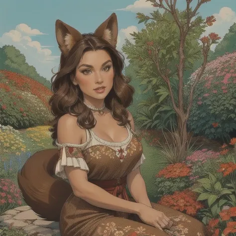 A beautiful red fox girl with long brown ears with darker brown inside, brown fur, bronzed fuzz on the neck, a fluffy brown tail with a bronzed tip, large brown eyes, wearing Native American style clothing, sitting in a lush floral garden, masterpiece, bes...