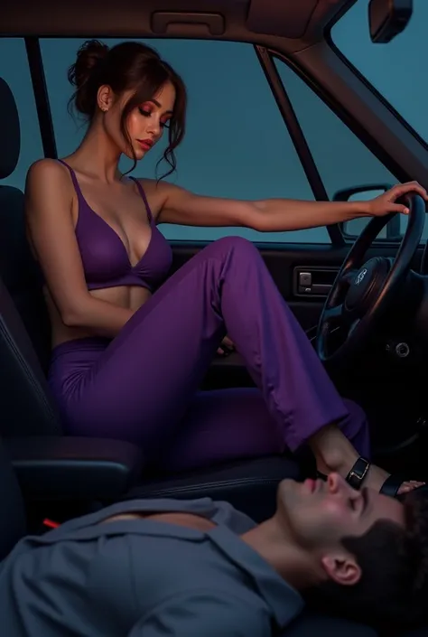 Beautiful Mistress,brown bun hairs, wearing purple boot-cut pants, wearing  purple underwear, wearing black home sandals, handsome man,  wearing suit,  mistress sitting inside car , man lying down under mistress chair , mistress puts her foot on mans face,...