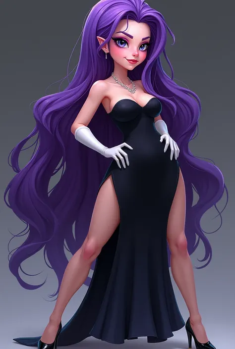 a girl with purple hair,slanted eyes,pointed nose,symmetrical face with waist,curves and refined bust,She has a black dress,high heels with white gloves and makeup From the series gravity falls