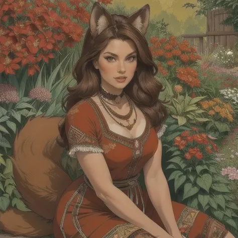 A beautiful red fox girl with long brown ears with darker brown inside, brown fur, bronzed fuzz on the neck, a fluffy brown tail with a bronzed tip, large brown eyes, wearing Native American style clothing, sitting in a lush floral garden, masterpiece, bes...