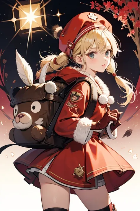 Klees blond hair is tied in pigtails. She wears a red coat with a darker red embellishment and keyhole shapes in the hem over a white dress and shorts, as well as a fluffy scarf with a pom-pom, gloves, knee socks, boots, and a brown backpack that resembles...