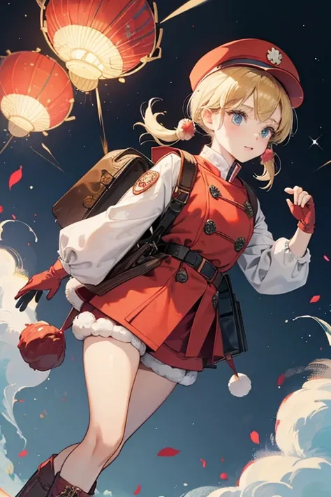 Klees blond hair is tied in pigtails. She wears a red coat with a darker red embellishment and keyhole shapes in the hem over a white dress and shorts, as well as a fluffy scarf with a pom-pom, gloves, knee socks, boots, and a brown backpack that resembles...