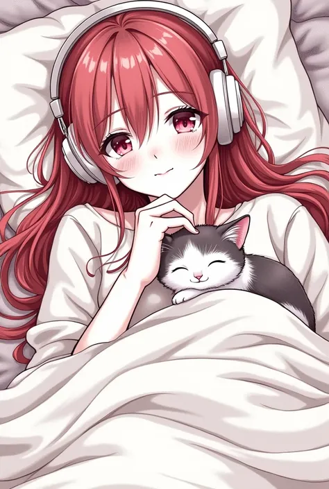 Monochrome manga art style, captivating red-haired woman, luxurious tresses cascading across her pillow, mesmerizing pink eyes gently closed, immersed in tranquility, adorned with oversized cushy headphones, seamless blending of modern comfort, plush beddi...