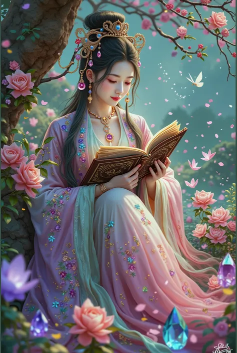 Imagine an ethereal fantasy landscape filled with a myriad of colors pastel. In this serene scene, a person of Asian descent, with long flowing hair, is sitting under a giant, ancient tree. They are deeply involved in an act of crystal journaling. A wide array of radiant, exquisitely detailed healing crystals of diverse hues such as rose quartz, amethyst, and citrine are arranged into a circular pattern around them. The person, wearing lightweight, flowing clothes, holds an old, leather-bound journal in which they record their observations, thoughts, and feelings. The vibrant and soothing energies of the crystals merge with this person's aura, creating a mystical synergy. Ethereal creatures like glowing fairies and wisps gently float around illuminating this sacred space.