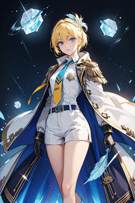 yellow hair. her outfit consists of a blue jacket with lapels and rolled up sleeves worn over a white hoodie with blue details and a yellow necktie decorated with white details and pinned at the top with a blue gem. Over this, she wears a large belt-like g...