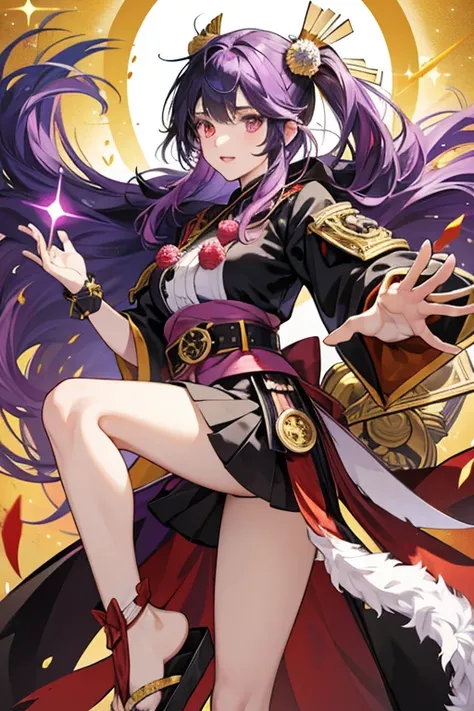 violet hair. Saras attire is primarily black and white, with adornments in mauve, red, and gold. The Kujou Clan crest adorns various parts of her outfit. Her Electro Vision can be seen on a yellow bow attached to her belt, from which hangs a decorative bla...