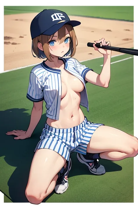 Striped undressed 2B covered in translucent　sweat,1girl, solo, breasts, blush, short hair, blue eyes, brown hair, shirt, hat, navel, holding, medium breasts, white shirt, short sleeves, thighs, outdoors, open clothes, shoes, open shirt, white headwear, sne...