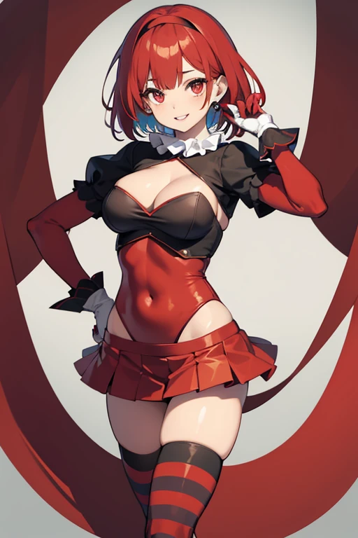 breasts, looking at viewer, smile, short hair, bangs, skirt, red eyes, thighhighs, gloves, long sleeves, dress, navel, holding, cleavage, jewelry, medium breasts, short sleeves, red hair, hairband, parted lips, striped, high heels, leotard, hand on hip, ma...