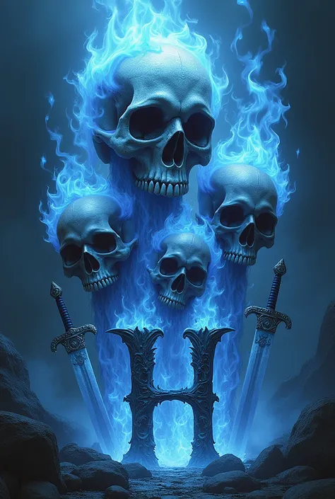 Generate me an image with macabre and fantasy skulls with blue fire and white fire with a letter H and cool swords