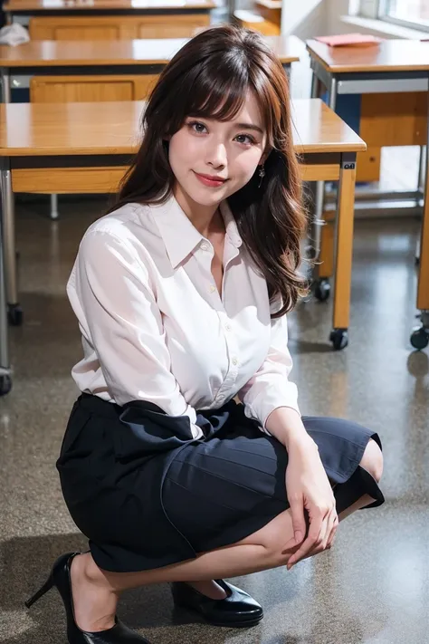 Best Quality, Mastepiece, Photorealistic, It is high resolution., 8k　Raw photo,Solo, 1girl, 30 years old、Squatting in a school classroom、smile、teacher、business blouse、skirt、High heels