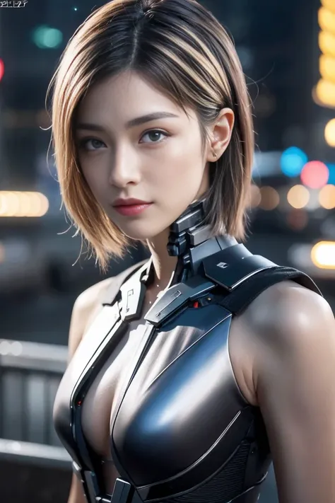 Beautiful Mech Warrior, Short blonde hair, shaved on one side, high-tech, assassin, Show lots of skin, Oily skin, Show abdomen, cyberpunk city background, of the future, It is detailed and complex., rift, sexy masterpieces, best quality, Highest quality, h...