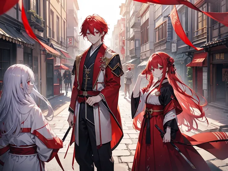 ((MasterPiece, Ultra High Quality, Isekai Anime Style)) A clan composed of men and women with translucent white skin, blood-red eyes, and dark red and blood-red hair. They wear traditional red Japanese kimons with a red ribbon. The clan members have a prou...