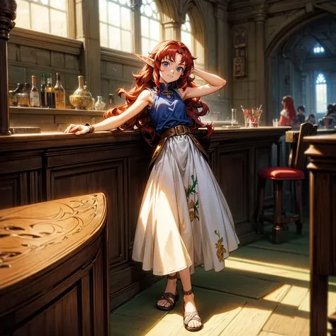 solo character, full body version, kid girl, (elf), blue eyes, red color hair, long curly hair, sleeveless t-shirt , long skirt,...