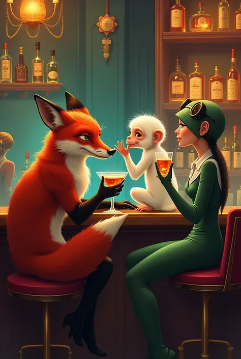 Create an image in which a fox appears, A white monkey and a frog drinking alcohol in a bar next to beautiful women