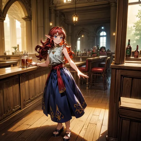 solo character, full body version, kid girl, (elf), blue eyes, red color hair, long curly hair, sleeveless t-shirt , long skirt,...