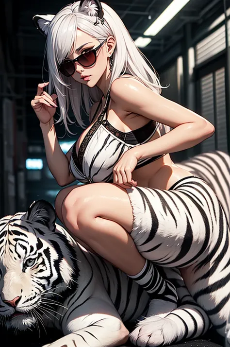 cyber punk, Frank Frazetta style, Perfect composition, One Woman, alone, Mature Woman,White Tiger Theme, Please raise your hand, Please raise your knees, stop temporarily, Low angle close up shot, Strong bloom in the background, Shine, Soft pink edge light...