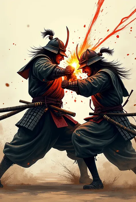 A samurai striking another samurai in the chest in manga style 