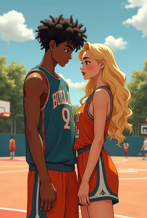 black male, Scrawny, curled hair, basketball outfit with blonde girlfriend 
