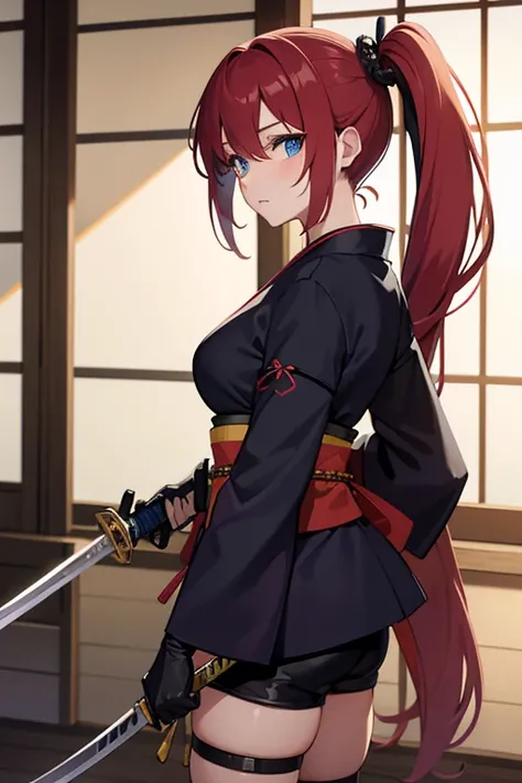 breasts, looking at viewer, bangs, blue eyes, gloves, long sleeves, holding, hair between eyes, twintails, medium breasts, closed mouth, jacket, weapon, thighs, red hair, boots, shorts, black gloves, black footwear, holding weapon, black jacket, short shor...