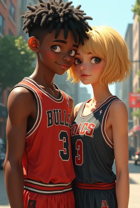 black male, Scrawny, curled hair, basketball outfit with blonde girlfriend short hair
