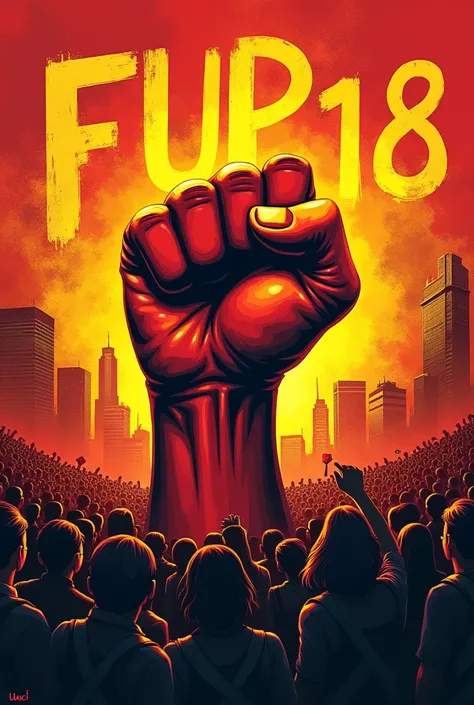 An image of a fist involving politics with the name Fup and number 18 with red and yellow color , with the people in front of art 
