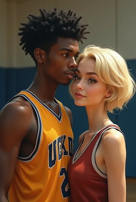 black male, Scrawny, curled hair, basketball outfit with blonde girlfriend short hair teacher 
