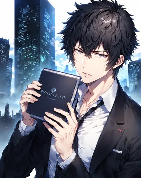 absurdres, highres, ultra detailed, HDR, master piece, Kougami Shinya, black hair, expressive gray eyes, black jacket, white shirt, black necktie, Psycho Pass, sexy man, handsome, best quality, fantasy, magical, solo, sensual, city, clouds, blue sky, manly...