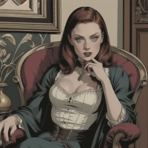 seductive gothic vampire deborah ann woll, sitting comfortably in a victorian armchair, holding a glass of wine in her left hand...