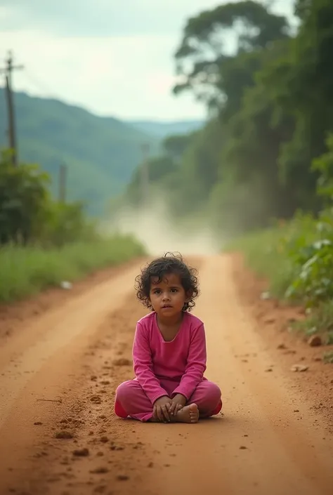 Serra Gaucha, dirt road with dust in the air, Serra Gaucha, dirt road with dust in the air,  children crying, pink clothes, on her knees on the ground , pink