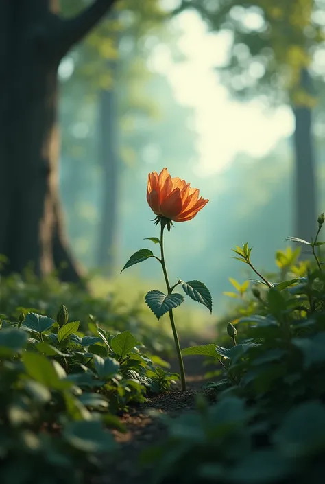 a withered flower in a garden at the bottom of the garden, have a shade of trees with a cloudy sky