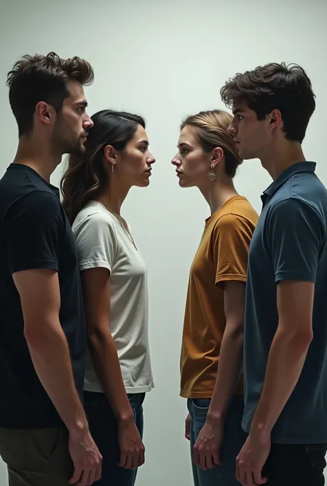 4 people looking at each other to find out who is lying 
