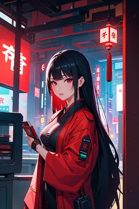 cyberpunk book cover. cybernetic chinese sexy girl wearing red cheonsam in japan future city