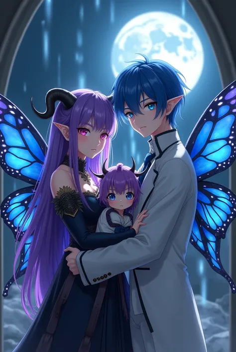 Woman with purple hair with black horns, Valkyrie clothing, elephant ears, fuchsia pink eyes, carrying a child with purple hair, blue eyes, with black horns and blue moth wings on her back, and still holding a man with pointed ears, blue hair and RAF blue ...