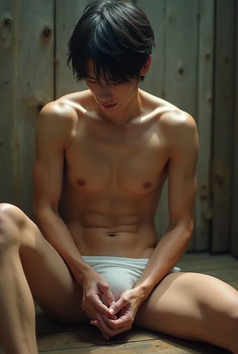 (Photorealistic:1.2、Highest quality、8k)、Sit with your legs wide apart、White Bikini、Looks like Sota Fukushi、Similar to Kentaro Sakaguchi、(Beautiful 1 boy、Man with beautiful face、Face enduring severe pain、Crying with a big mouth open )、Crying and holding his...