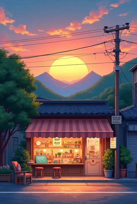 Graphics design shop in small city 
street , greenary hill background, evening orange 
sky anime
