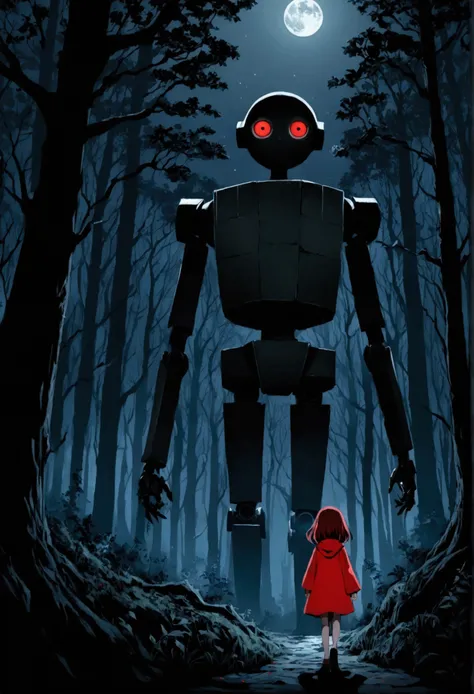 there is a cartoon of a girl and a robot in the woods, in a forest at night, woman in a dark forest, standing in a dark forest, in a spooky forest, yume nikki, girl walking in dark forest, red-eyes, in the forest at night, in a dark forest, red eyes, dark ...