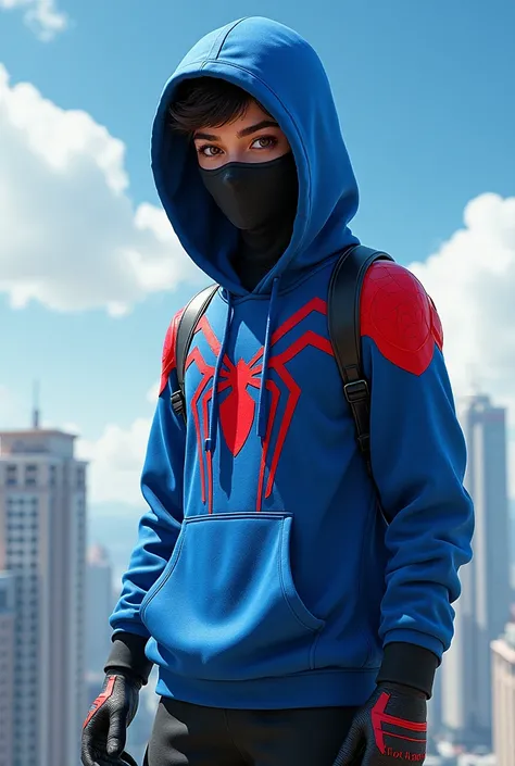 Sky blue and red teenager espaiderman With a sweatshirt that has a cap, with black gloves, (that has a mask)