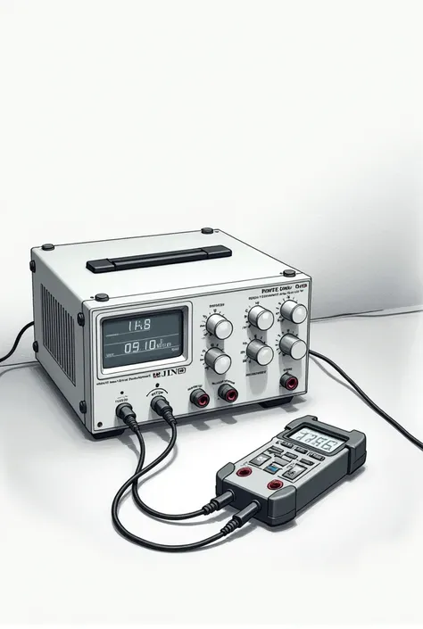 Photo or illustration of a 1V to 10v adjustable power supply in use, connected to a test device, like a multimeter or a dummy load. do this in drawing form
