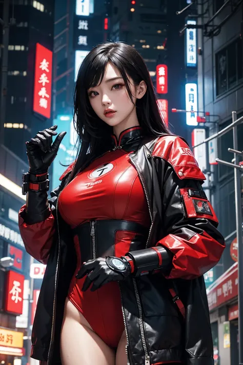 cyberpunk book cover. cybernetic chinese sexy girl wearing red cheonsam in japan future city