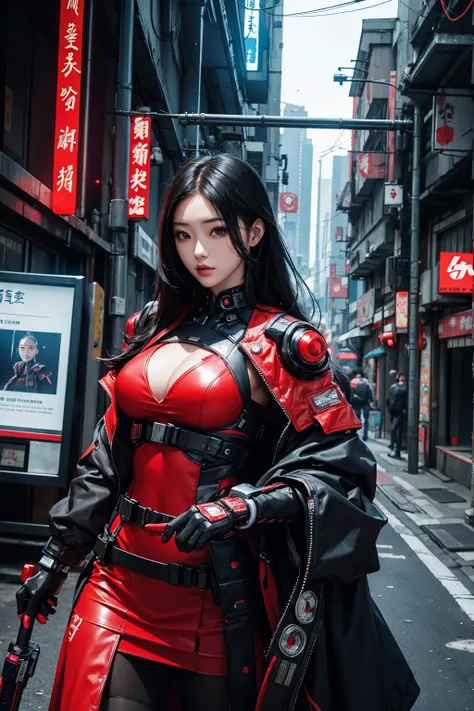 cyberpunk book cover. cybernetic chinese sexy girl wearing red cheonsam in japan future city