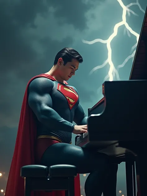 Rock Superman marvel by playing the piano with a thunder background and a very rock vibes.