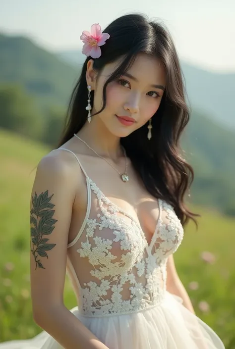 Chinese girl, white skin, shaggy breasts, big breast, 2,  happpy face, thick body, sexy body, curvy waist, sunny morning, milky white skin, a butterfly tattoo on the shoulder back, a big flower tattoo on the thigh, there is a  tatoo says "Thasya" on the lo...